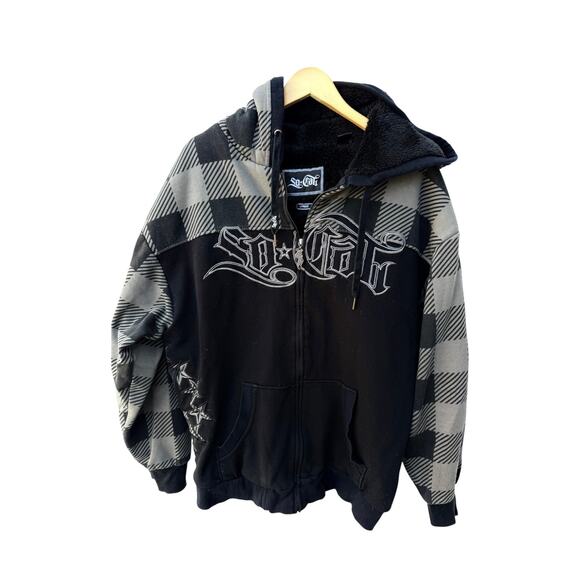 So Cal Plaid Sherpa Lined Zip Hoodie Mens Large Black Gray Hooded Jacket